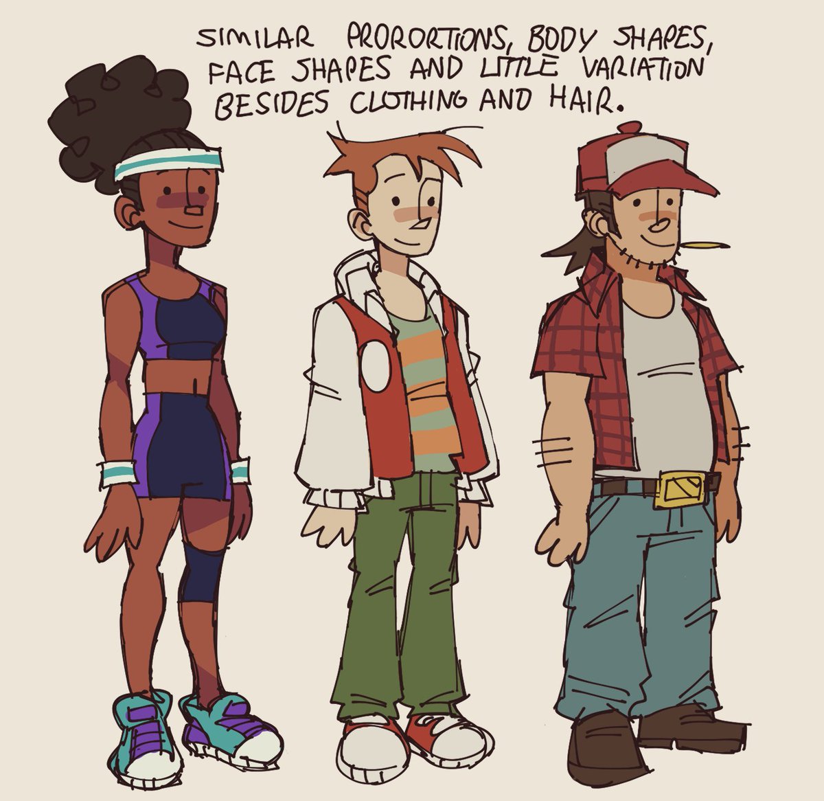 onebadnoodle_'s tweet image. one character design thing id recommend is don't be afraid to explore drawing different body types epically when drawing exaggerated proportions. it can do a lot for simple designs and can create some fun characters