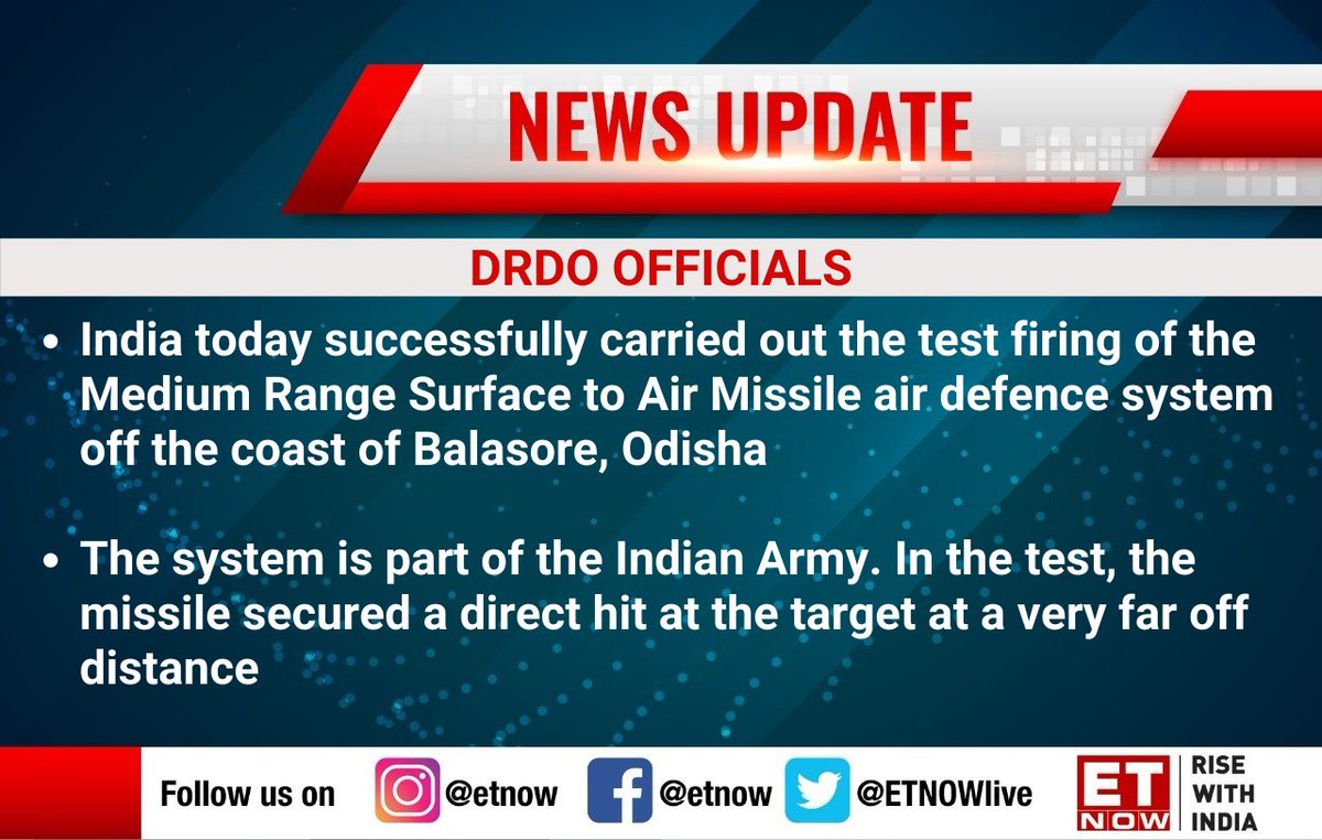 ETNOWlive's tweet photo. India today successfully carried out the test firing of the Medium Range Surface to Air Missile air defence system off the coast of #Balasore, Odisha: DRDO officials
@DRDO_India #TestFiring #Odisha https://t.co/yfiaVKiFZQ