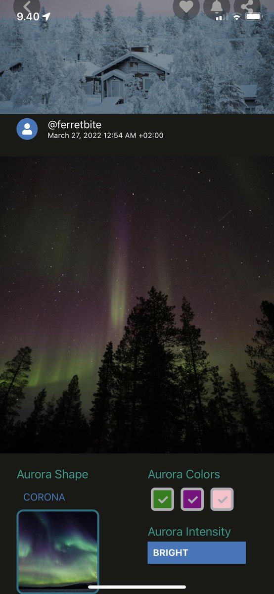 Amazing #Aurora checkin received by <a href="/ferretbite/">Abe</a> for 📍Saariselkä, Finland 🇫🇮 on Aurorareach App! 🤩😍 Thank you!

aurorareach.com/install
#northernlight #auroraborealis #auroras