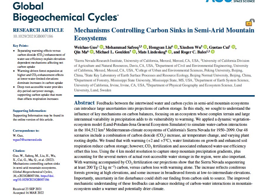 safeeqkhan's tweet photo. Our paper, led by our postdoc Weichao Guo (not on twitter) on investigating carbon-water tradeoffs under a range of climate change scenarios, with and without CO2 feedback and presence/absence of water from the deeper regolith, is out in the Global Biogeochemical Cycles! 1/5 https://t.co/eyhHCADjKt