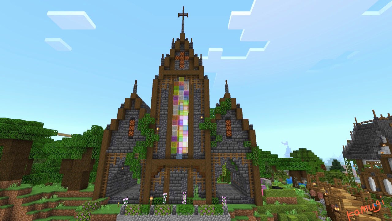 Komugi こむぎ マイクラ マインクラフト Minecraft マイクラサバイバル バニラ建築学部 むぎクラ Minecraft建築コミュ 初の教会にチャレンジ ステンドグラスを作りたくて試行錯誤しながら作ってみた ｰ 内装と周りの整備は少しずつやっていき