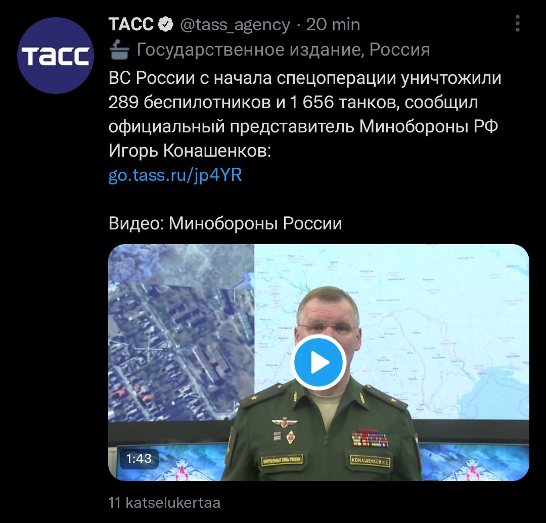 DisputedINTEL's tweet image. Täytyy myöntää, että venäläisillä on vilkas mielikuvitus:

Venäjä väittää tuhonneensa 289 ukrainalaista lennokkia ja 1656 panssarivaunua.