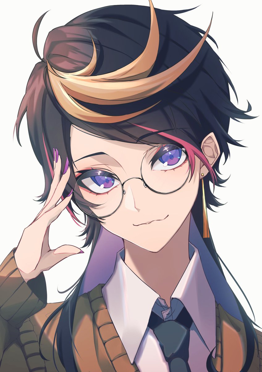 glasses 1boy male focus solo black hair streaked hair collared shirt  illustration images