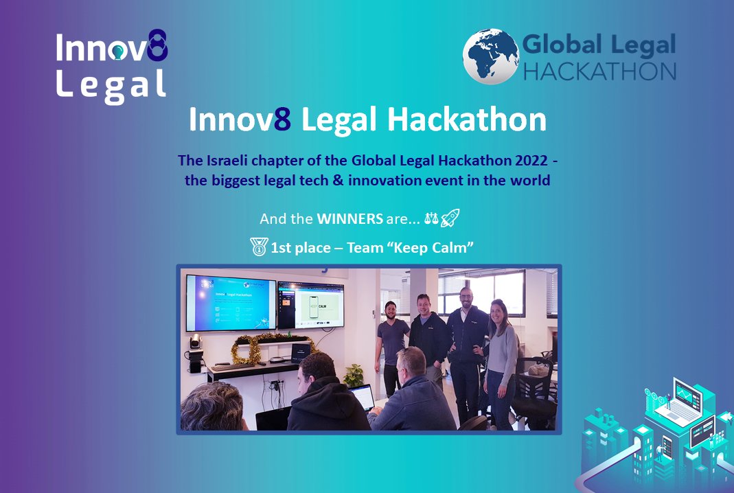 Meet team "KeepCalm" the Winners of <a href="/innov8legal/">Innov8Legal</a> Hackathon – the #Israeli 🇮🇱 Chapter of the Global Legal Hackathon 2022! 🥇
London get ready because this team is on fire ♨️🚀! 
Best of luck at #GLH2022 semi-finals! 
<a href="/worldhackathon/">Global Legal Hackathon 🌍🌏🌎</a> <a href="/keep_calm_app/">KeepCalm</a>
<a href="/innov8legal/">Innov8Legal</a> 
#GLH2022 #legaltech