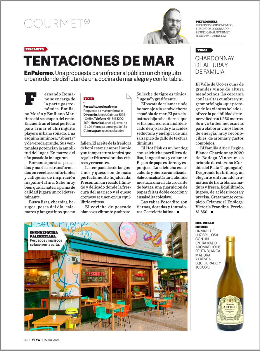 PietroSorba's tweet photo. Comparto con Uds mi nota del domingo en #revistaviva y @claringourmet @clarincom. El restaurante de hoy es #PescaditoCocinaDeMar. El vino de la semana es el Familia Altieri Regina Blanca Chardonnay 2020 de #Vinorum . Buena lectura. https://t.co/grtpVc4H8C https://t.co/Zijj8XbFvh