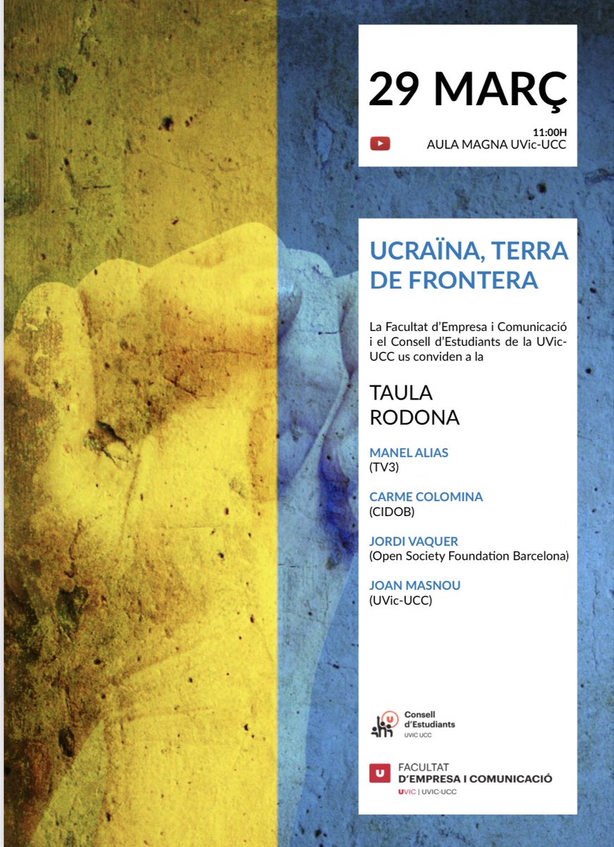 🗣Aquest 29 de març t'esperem a la taula rodona titulada:
Ucraïna, terra de fronteres.
Per tenir una nova visió del que està passant.