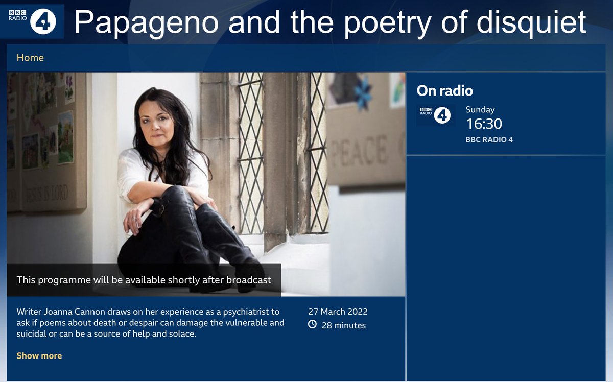 In 30mins <a href="/BBCRadio4/">BBC Radio 4</a>! Wise words <a href="/FemiMind/">Femi Oyebode</a> <a href="/Plathbiography/">Heather Clark</a> Ella Risbridger Thomas Niederkrotenthaler and Nicola Muir. Produced by <a href="/hargra/">Amanda Hargreaves</a> 🙏 and the world's darkest and most beautiful poetry, read with utter brilliance by <a href="/wrathofgod/">Susie M</a> &amp; <a href="/djyproductions/">David Jackson Young</a>   
bbc.co.uk/sounds/play/li…