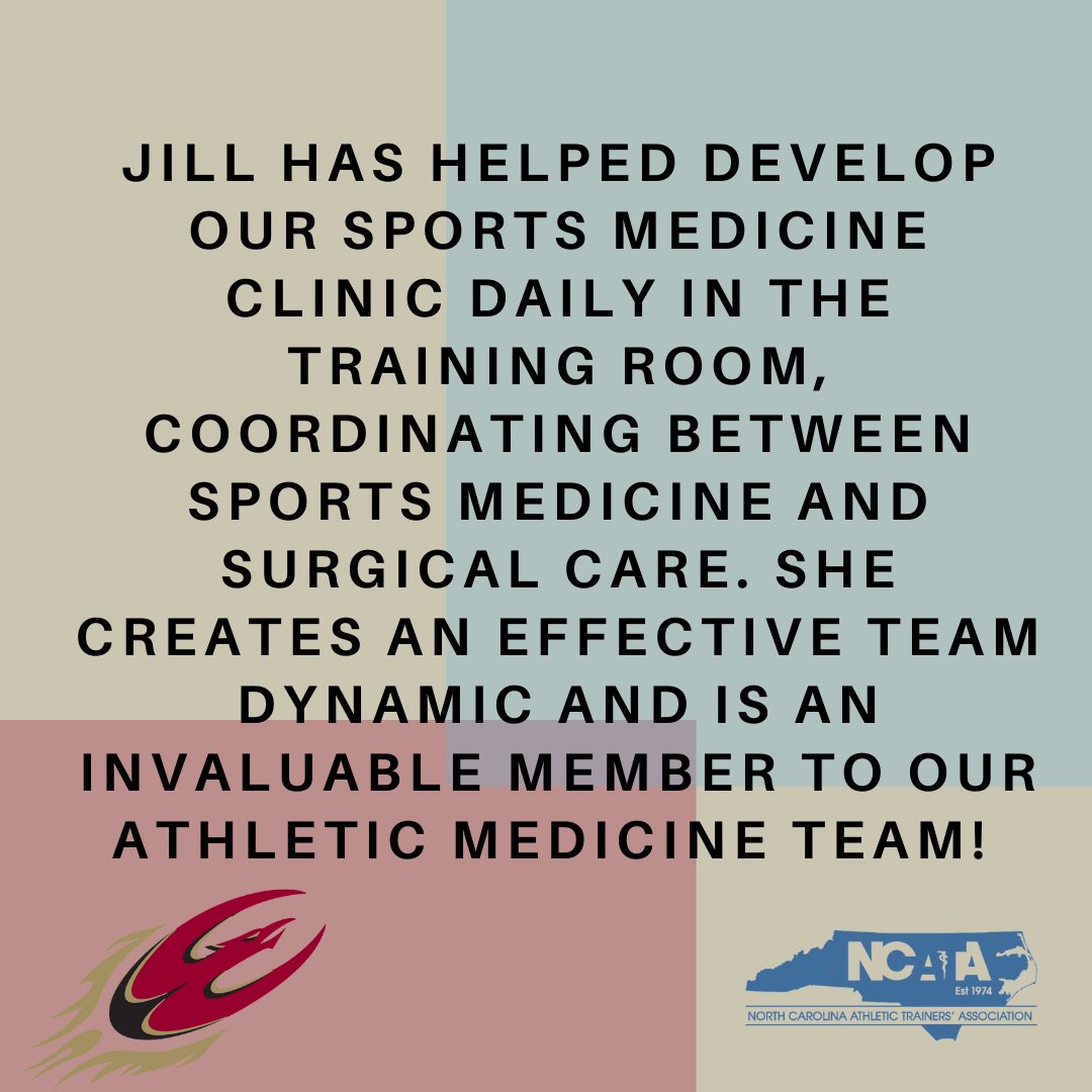 NCATA1974's tweet photo. Today's #NATM feature is Jill Sarm @jillysarm of @ElonSportsMed ! Jill was nominated for her contribution to an effective team dynamic and is invaluable to her team!  Thank you for all you do!  #providinghealthcareeverywhere https://t.co/VdJk2WohKX