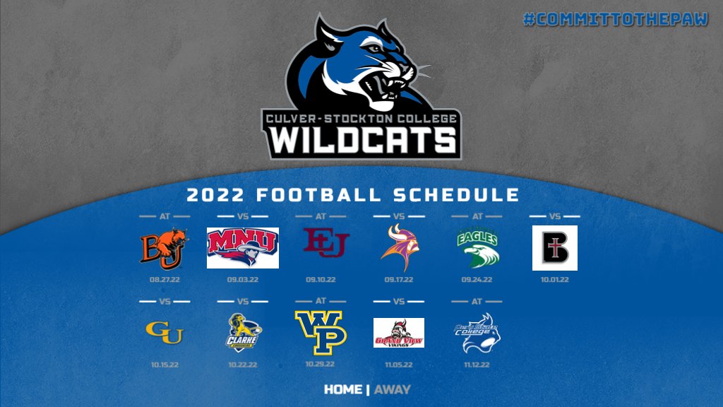 🚨PUT IT ON THE CALENDAR!🚨

The 2022 <a href="/CSCwildcatsFB/">Culver Football</a> Schedule is OUT! 

Six Home Games:
09.03.22 vs MidAmerica Nazarene
09.17.22 vs. Missouri Valley
10.01.22 vs. Benedictine KS
10.15.22 vs. Graceland
10.22.22 vs. Clarke
11.05.22 vs. Grand View

#CommitToThePAW 🏈😼🐾🔵⚪️⚫️