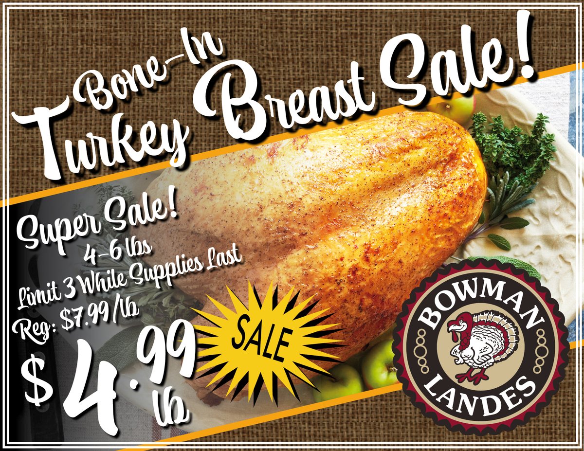BLTurkeys's tweet image. Free-Range Bone-In Turkey Breast Sale: Save $3.00/lb this week! mailchi.mp/bowmanlandes/t…