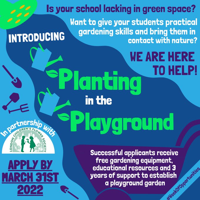JPFoundation's tweet photo. Don't forget to apply for our Planting in the Playground project, partnered with @londonflowersoc before the 31st, supporting Secondary & Special Needs Schools across London that have no or very little garden space to set up a garden! 🌳🌱
👇 Apply below:
https://t.co/UyLY2oNx5e https://t.co/RUshZCFcsP