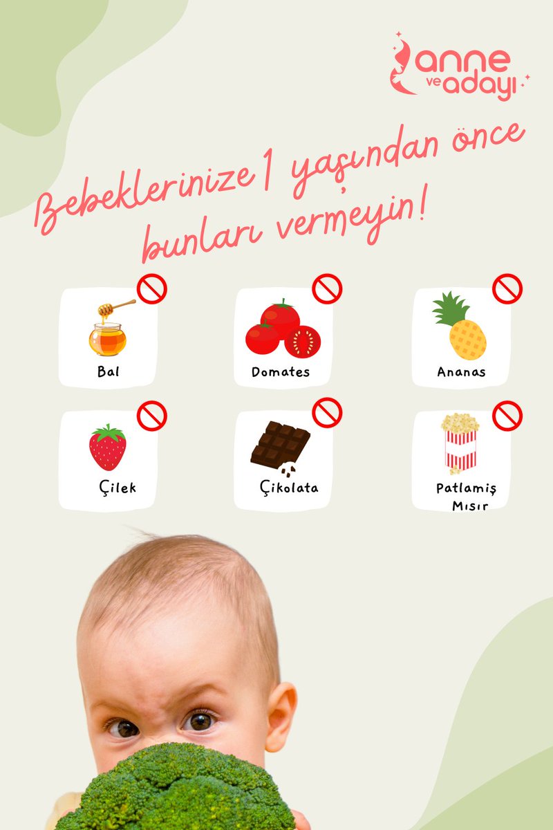 Bebeklerinize 1 yaşından önce bunları vermemenizi öneriyoruz!

👉🏻Bal
👉🏻 Domates
👉🏻Ananas 
👉🏻Çilek 
👉🏻Çikolata 
👉🏻Patlamış mısır

Sizlerin bunlar dışında bildiğiniz besinler var ise bizle paylaşın!

#bebeğim #minikbebeğim #hamilekadın #anne #hamile #bebeklereyemekler #bebek