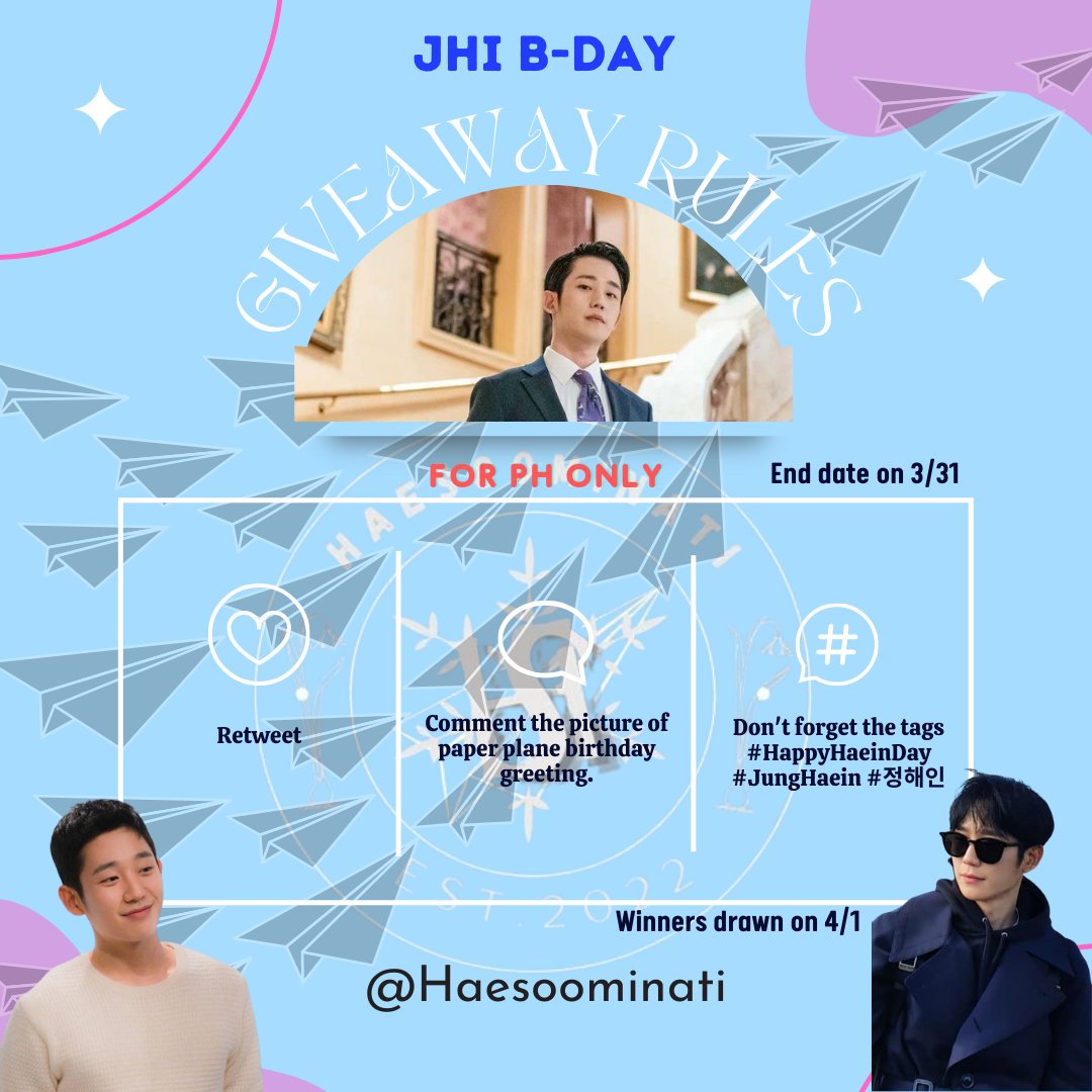 HaeSoominati's tweet photo. In celebration of @ActorHaein's birthday, @HaeSoominati will be hosting a Snowdrop Merch Giveaway! 🍻
 
Let's send our greetings to JHI thru paperplanes and be ready for take off on April 1! ✈️

See posters for the mechanics. 🖤

#HappyHaeinDay #D5 #JungHaein #정해인 https://t.co/y7bPF5e7Uv