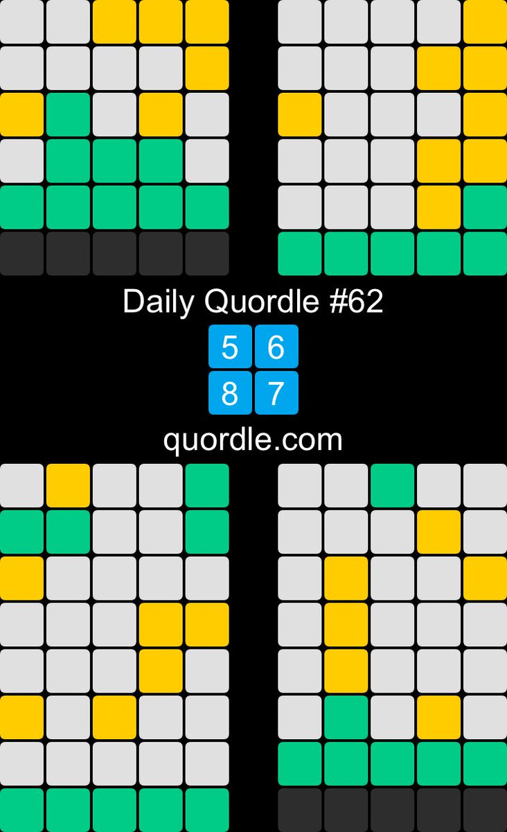Daily Quordle #62
5️⃣6️⃣
8️⃣7️⃣
quordle.com