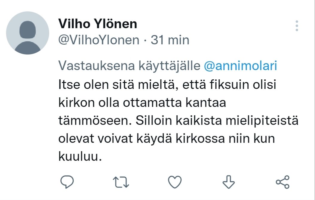 Tähän tiivistyy kirkollinen keskustelukulttuuri. Siinä ei ole tilaa syrjityille vähemmistöille. Rakenteellisista ongelmista ei saa puhua, jotta harmonia ei häiriinny. Voi sit etuoikeutetut kokoontua rauhassa kirkkoon hurskastelemaan. Harvemmin tuleekin mentyä harmoniaa rikkomaan.