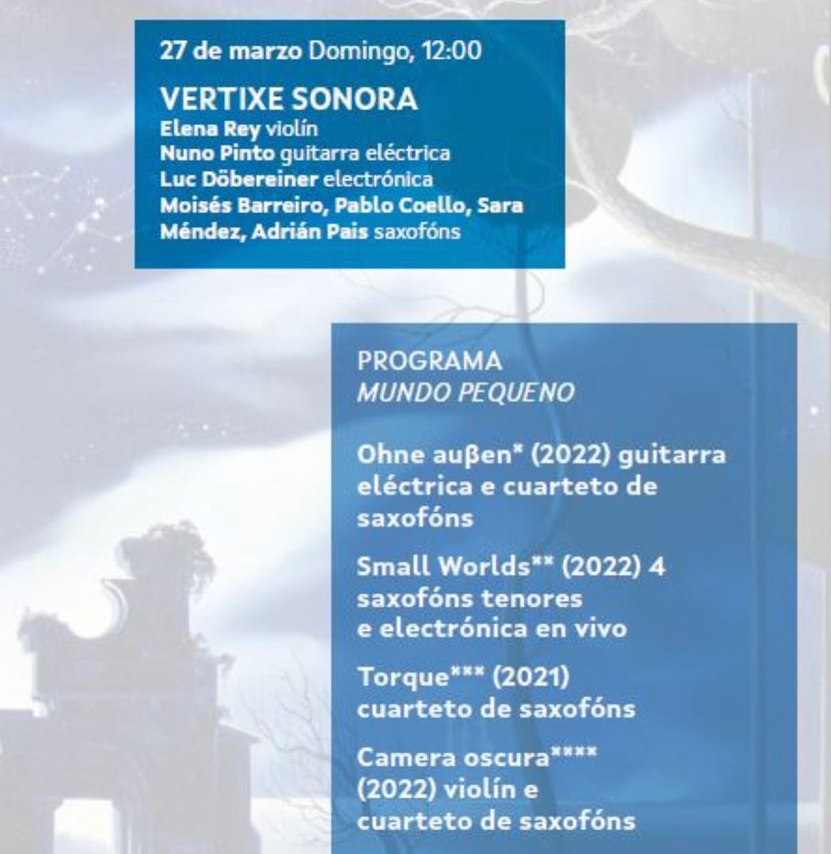 #ActividadesdePrimavera
🎷🎻🎸🎹
Hoxe comeza o XXI Ciclo de #Músicaparaunhaépoca, con Vertixe sonora. A entrada é libre ata completar aforo e tamén se transmitirá en directo pola nosa canle de YouTube:

📹 youtu.be/t7_0vOCw-vQ