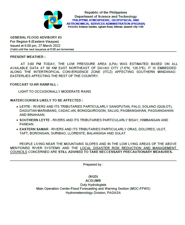 dost_pagasa's tweet photo. General Flood Advisories (GFAs) 
Issued @ 6PM, 27 March 2022
Region 8 (Eastern Visayas) - #GFA3
Region 10 (Northern Mindanao) - #GFA2
Region 11 (Davao Region) -#GFA4
Region 13 (CARAGA) - #GFA4 https://t.co/kKRbgLnQIe