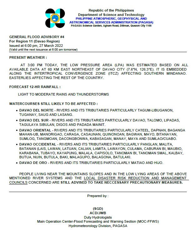 dost_pagasa's tweet photo. General Flood Advisories (GFAs) 
Issued @ 6PM, 27 March 2022
Region 8 (Eastern Visayas) - #GFA3
Region 10 (Northern Mindanao) - #GFA2
Region 11 (Davao Region) -#GFA4
Region 13 (CARAGA) - #GFA4 https://t.co/kKRbgLnQIe