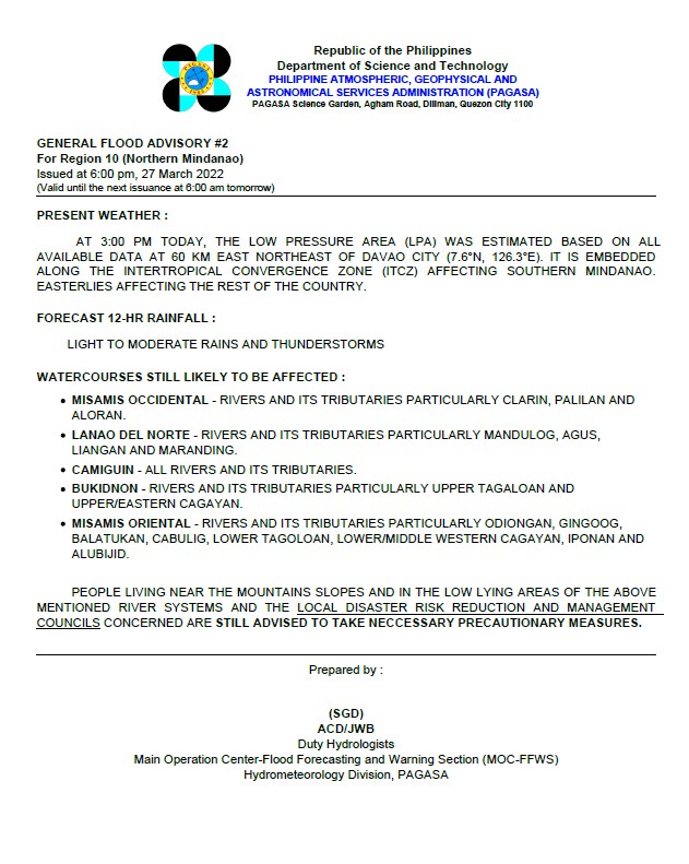 dost_pagasa's tweet photo. General Flood Advisories (GFAs) 
Issued @ 6PM, 27 March 2022
Region 8 (Eastern Visayas) - #GFA3
Region 10 (Northern Mindanao) - #GFA2
Region 11 (Davao Region) -#GFA4
Region 13 (CARAGA) - #GFA4 https://t.co/kKRbgLnQIe
