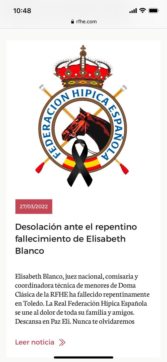 rfhe_'s tweet photo. Terrible noticia que llega hoy al mundo ecuestre… fallece Elisabeth Blanco, juez nacional, comisaria y coordinadora técnica de menores de Doma Clásica de la RFHE.

Shock profundo para todos.Nos unimos al dolor de toda su familia y amigos…

Descansa en paz Eli, no te olvidaremos https://t.co/pbSRSv9J7e