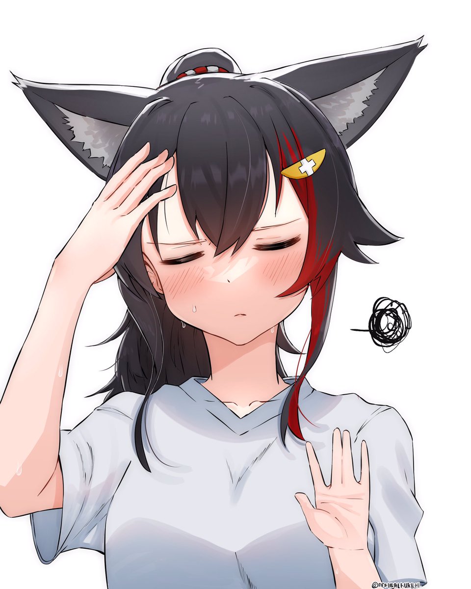 ookami mio 1girl animal ears solo wolf ears black hair red hair squiggle  illustration images