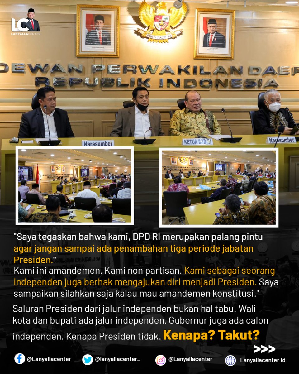 SedulurAzis's tweet photo. @ekowboy2 LaNyalla: DPD RI palang pintu agar jangan sampai ada penambahan tiga periode jabatan presiden
#SayNoTo3Periode #lanyalla
https://t.co/M7zecPpedP