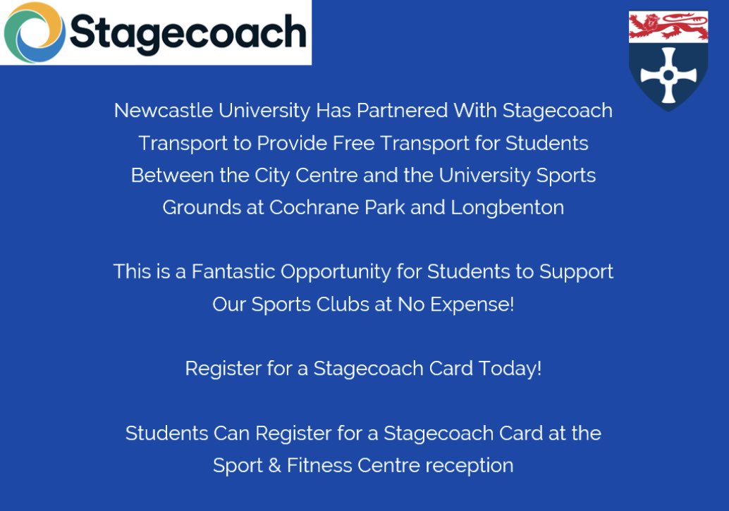 NCLsport's tweet photo. Free Stagecoach Transport Cards are now live and available for Newcastle University Students. 

This is a fantastic opportunity for students to support our sports clubs without any financial impact. 

Register for a Stagecoach card at the Sport &amp; Fitness Centre reception! https://t.co/5zbLyFiNPZ