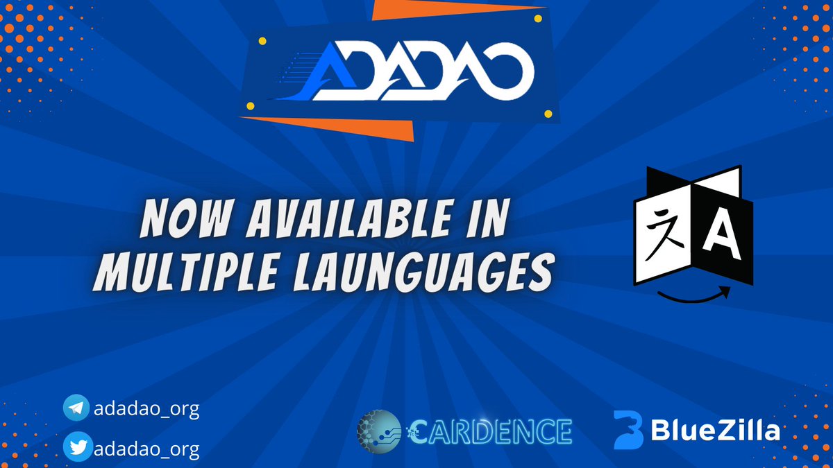 adadao_org's tweet photo. Adadao is now available in multiple languages on telegram. 🗣️ 

Join now : https://t.co/bYkm35ksUU

#adadao #cardano #crypto @BlueZillaVc @cardence_io https://t.co/C4qlsw0Ar3