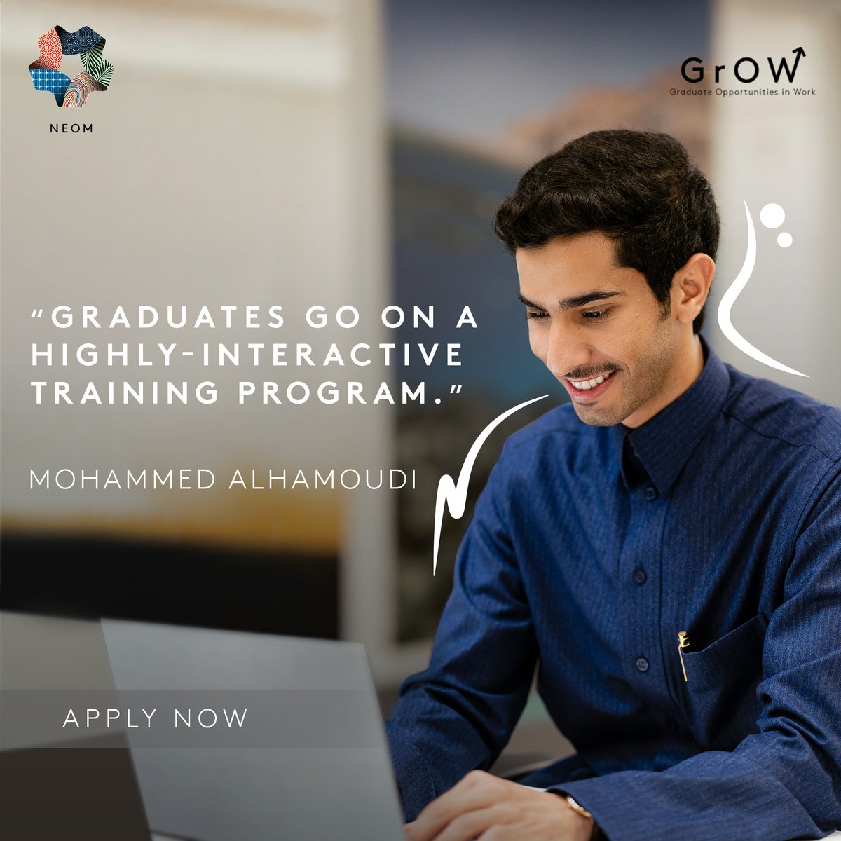 NEOM's tweet photo. Through full-time employment, training, mentorships &amp; career opportunities just not found anywhere else – NEOM is creating the changemakers of tomorrow. 
Do you fit the bill for our GrOW graduate program? 🎓

Sign up now: https://t.co/ytRkbpTcIo

 #GrOWandCHANGE #NEOM https://t.co/c8SWUM5ocG