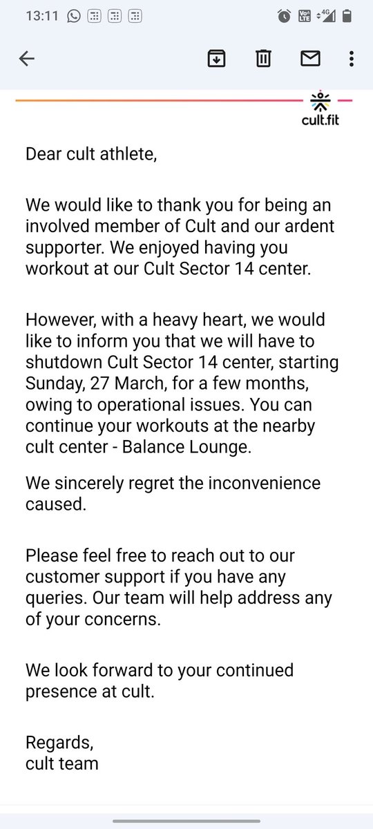 LamaShinjini's tweet photo. @cultfitOfficial not even a day's notice to tell that cult sec-14 is closing. Trying to reach out to customer care for alternative centres.

What do we do with our memberships now, since there is no cult near by?? https://t.co/Id1zYTFrBj
