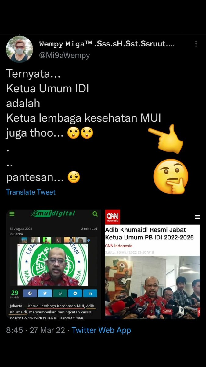Terbukti kelompok radikalisme benar2 ingin menguasai negara ini. Ketua Umum IDI (Ikatan Dokter Indonesia) : Orang MUI (Majelis Ulama Indonesia) 
#CopotAdibKhumaidi
<a href="/KemenkesRI/">Kementerian Kesehatan RI</a> <a href="/Kemenag_RI/">Kementerian Agama RI</a> @PolhukamRI <a href="/jokowi/">Joko Widodo</a> <a href="/MetroTVToday/">METRO TV TODAY</a> <a href="/CNNIndonesia/">CNN Indonesia</a> <a href="/kompascom/">Kompas.com</a> <a href="/tribunnews/">Tribunnews.com</a> <a href="/cnbcindonesia/">CNBC Indonesia</a>