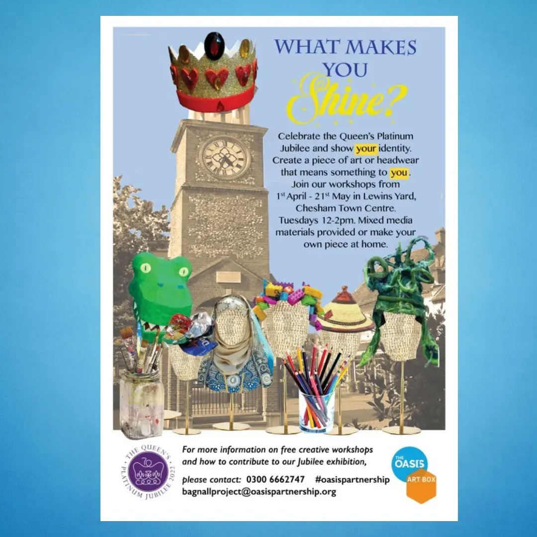 TheOasisCharity's tweet photo. What makes you shine?

Join our exciting celebrating Jubilee Art Project.

Get creative – and put your thinking crowns on!

Find out more in News on our website.

https://t.co/wAQV6C20PG 

#art #community #OasisPartnership #BagnallProject #OasisArtBoxJubileeProject https://t.co/GpKRYihguf