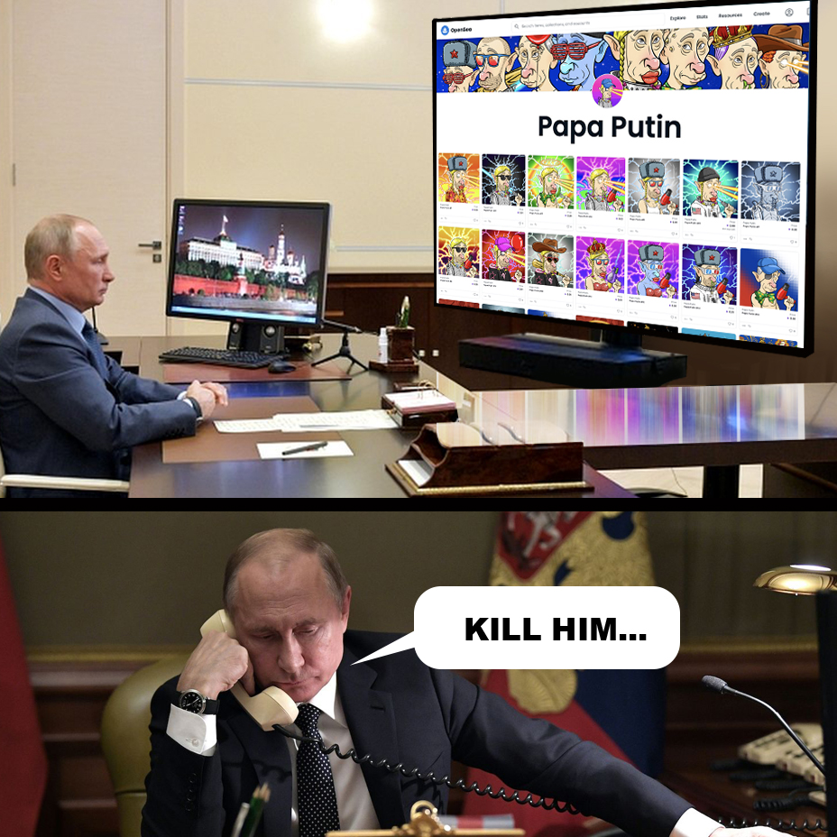 Who is afraid of crazy Putin?
opensea.io/collection/pap… 
#NFTcollector #NFT #NFTCommunity #NFTart #nftcollectors #NFTshill #digitalart  #opensea #cartoon #Putin #Plaid_Putin #RussiaUkraineWar  #Ukraine  
sites.google.com/view/papaputin
instagram.com/papa.putin.nft/