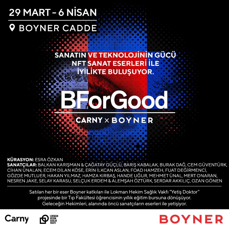 boyneronline's tweet photo. Teknoloji ve sanatın gücünü buluşturan #iyilikiçinNFT sergisi #BForGood Boyner Cadde’de. Türkiye’de NFT alanında önde gelen 20 sanatçının eserlerinin yer aldığı sergiyi 29 Mart-6 Nisan arasında ziyaret edebilirsiniz. #Boyner https://t.co/29mgdgNfzh