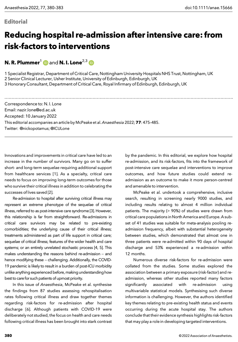 Anaes_Journal's tweet photo. 🔐Reducing hospital re-admission after intensive care: from risk-factors to interventions.

@nickopotamus and @ICULone argue we must now focus our attention on the unmet needs of the growing cohort of ICU survivors and their families.

🔗https://t.co/gVHdqn57YU https://t.co/Lmzn0VmYFj