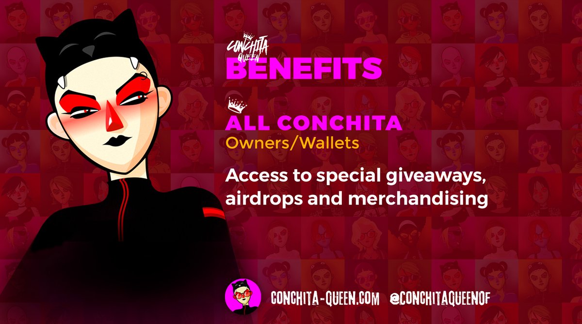 Benefits‼️‼️
All Conchita Owners will have access to special giveaways, airdrops and merchandising

#conchitanft #NFT #NFTs #NFTCommunity #nftart #WomenInNFTs