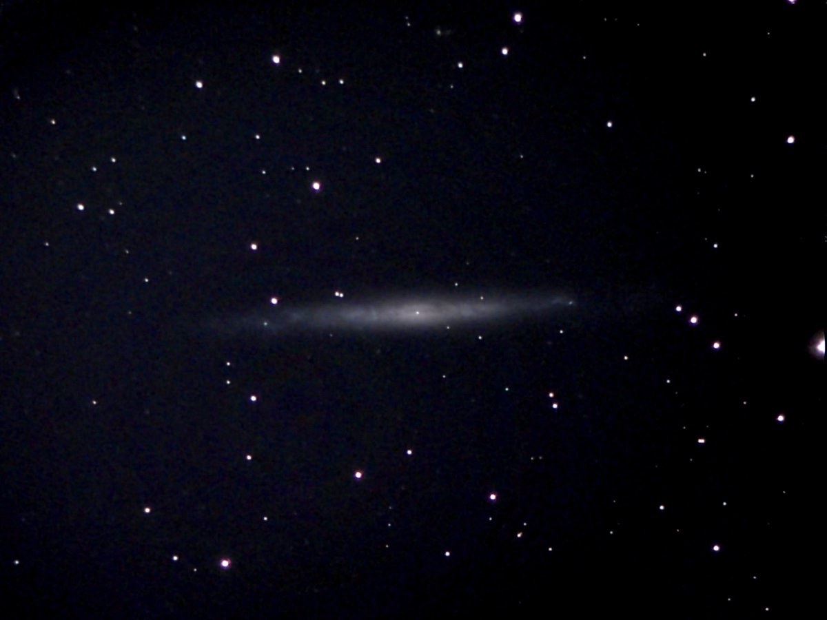 AstroMikeMerri's tweet photo. Last night’s non-#LockDownAstronomy with the #eVscope included a long look at NGC 4244. This edge-on spiral galaxy shows quite how thin the disks of galaxies really are, with a stellar distribution that is uniformly narrow right out to its outermost parts. https://t.co/ZsD7LvtnvO