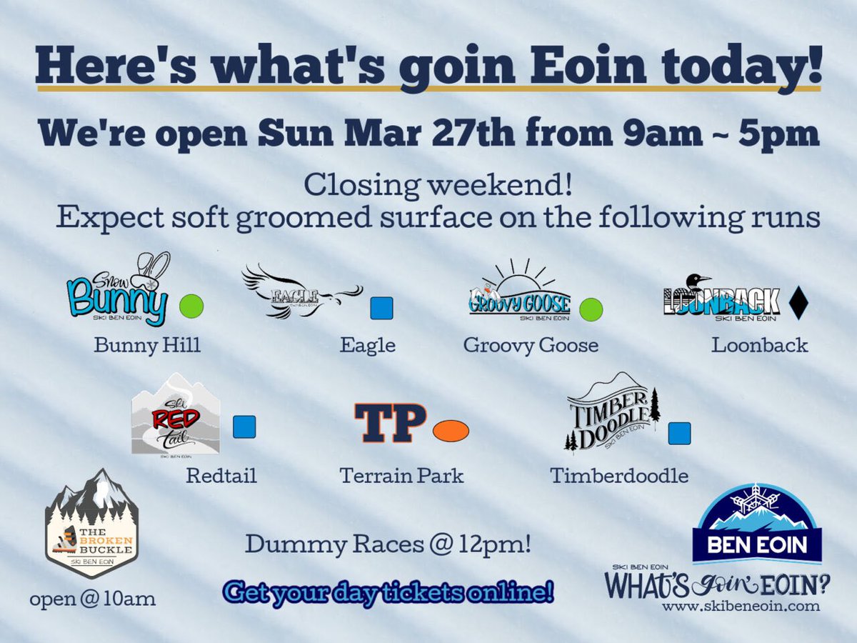 It’s hard to believe but we’ve come to the end of our season Snow Friends! 

Come out and join us for your last runs until 5pm. 

Don’t forget the Dummy races are at 12pm.