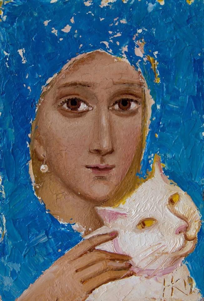 mnogookoe's tweet photo. Kateryna Kosianenko (Ukrainian, b. 1978). White cat with yellow eyes (Білий кіт із жовтими очима), 2019, fiberboard, oil https://t.co/bVVHkxnMBZ