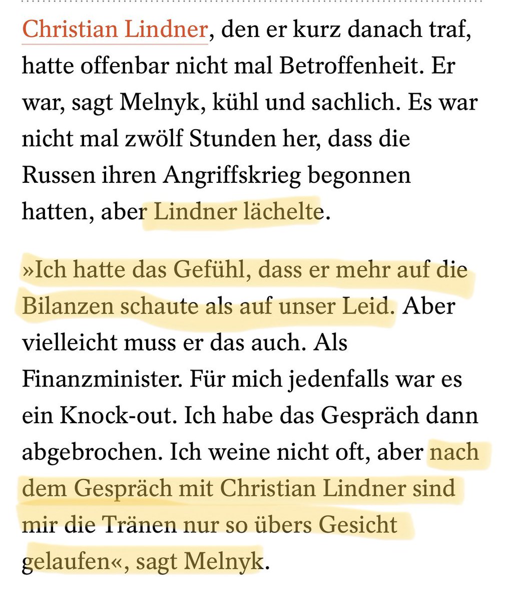 Am ersten Kriegstag traf der ukrainische Botschafter Christian Lindner. Was er FAZ und SPIEGEL über dieses Gespräch erzählt, wirft kein sonderlich gutes Licht auf Lindner.

„Euch bleiben nur wenige Stunden“, soll Lindner gesagt haben. Melnyk brach das Gespräch ab und weinte.