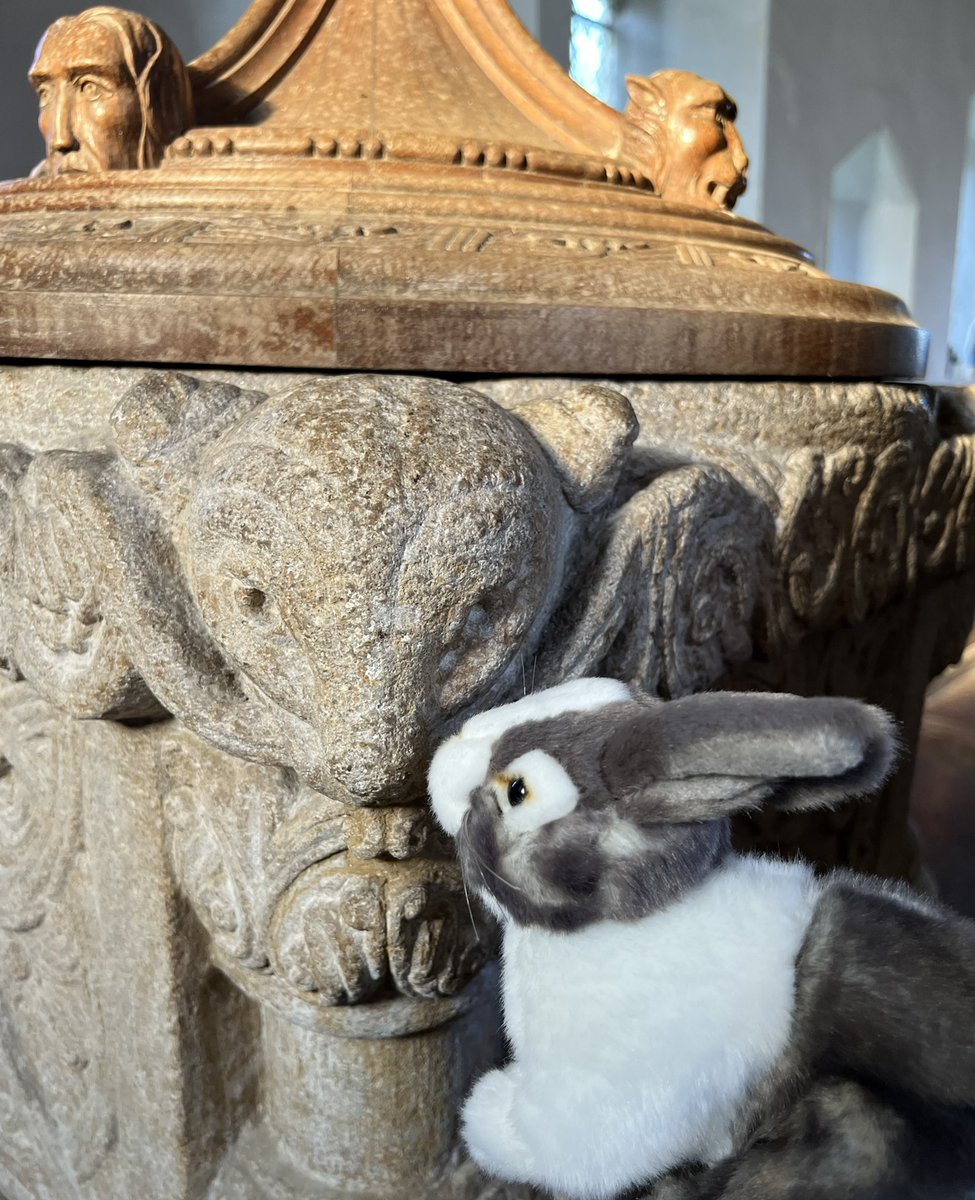 TravellingBadg1's tweet photo. Wilhelmina’s main reason for coming to #Toftrees was to meet up at last with the splendid #badger on the #Norman font. #AltText https://t.co/XQzWtuO0bv