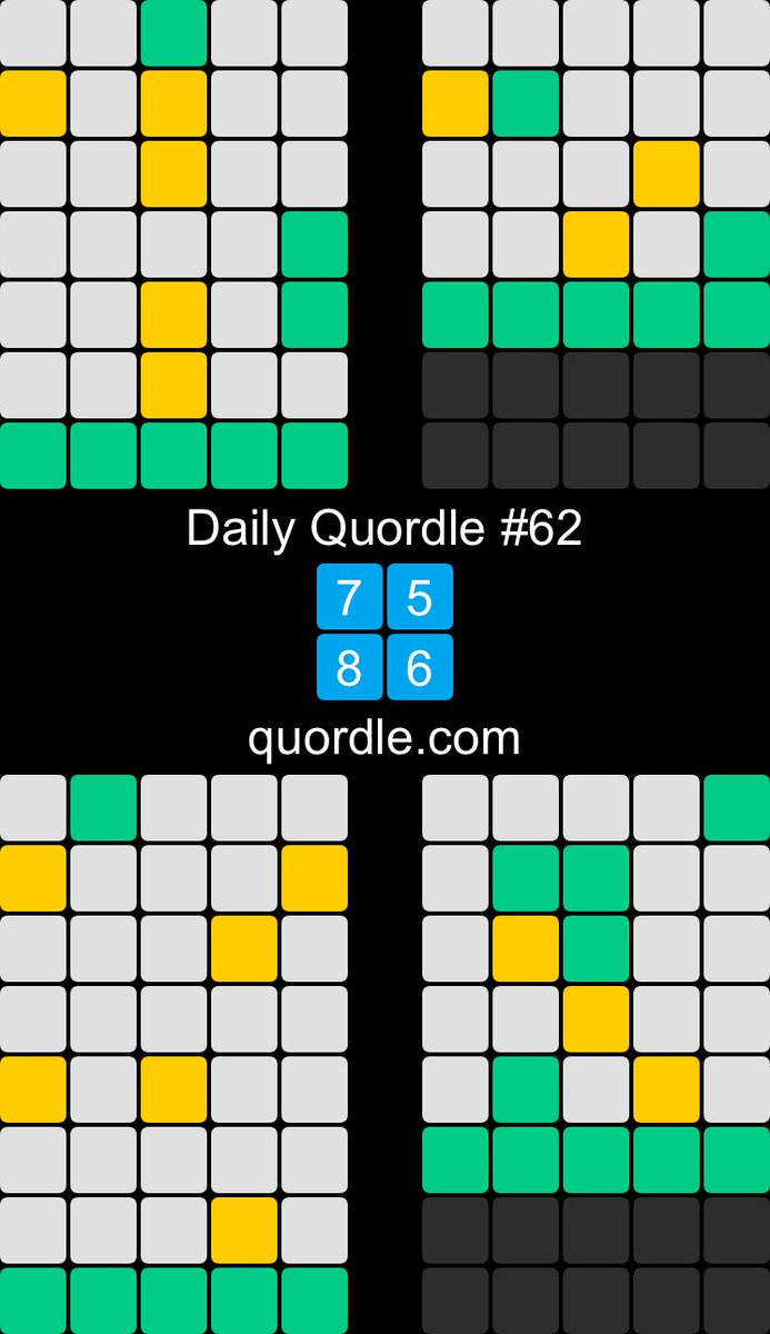Daily Quordle #62
7️⃣5️⃣
8️⃣6️⃣
quordle.com