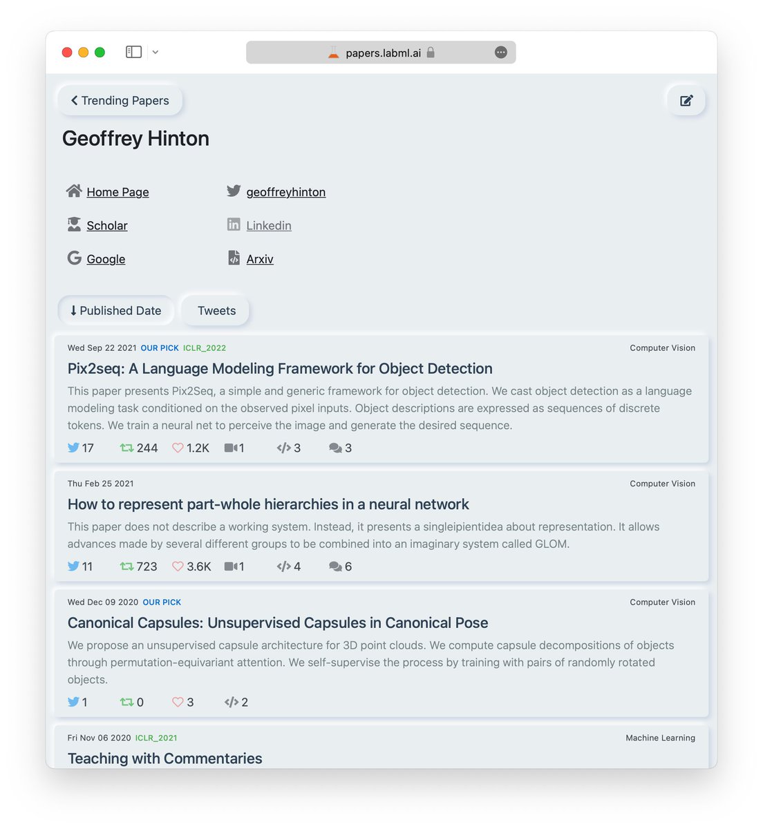 labmlai's tweet photo. 🧑‍🏫 Author pages on https://t.co/BrdfkDrZCn

We added author pages which lists all the papers by the author and links to their social and academic web pages.

e.g.: https://t.co/yEHNCkMB0C https://t.co/HFepmDNWto