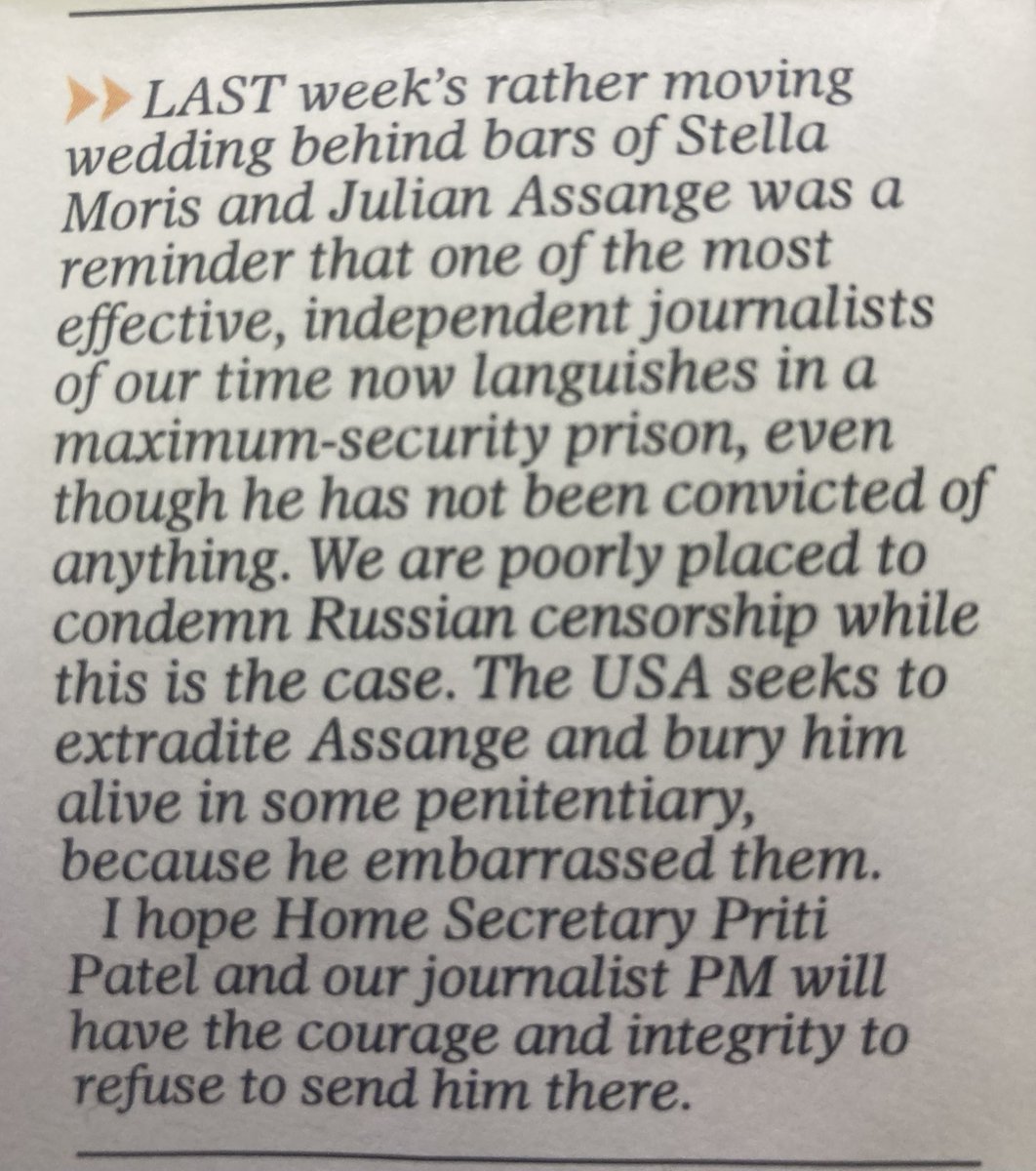 Peter Hitchens in today's Mail on Sunday: We are poorly placed to condemn Russian censorship (while one of the most effective independent journalists of our time [Julian Assange] languishes in maximum security prison..though he has not been convicted of anything) #FreeAssangeNOW