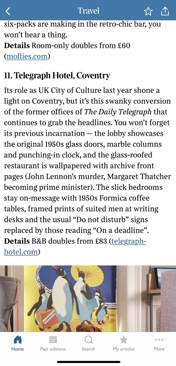 Great to see <a href="/CovTelHotel/">Telegraph Hotel</a> at no.11 on @thesundaytimes Travel Best Hotels under £100! 

Having visited I love the nostalgic of it still feeling like the Coventry Telegraph offices - it really is a step back in time &amp; brngs back memories of when I used to visit about advertising.