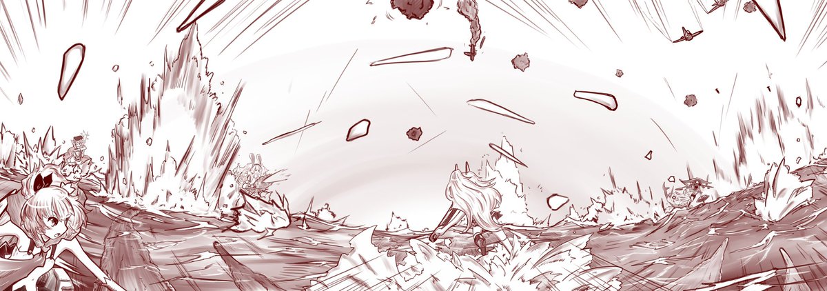 実は戦闘シーン描くの大好き
一枚の中に詰め込む 