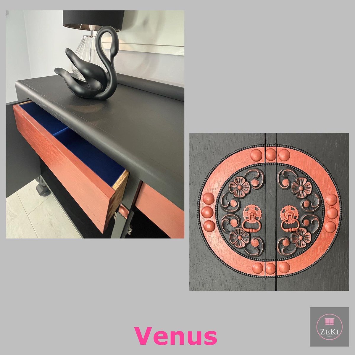 zekistudios's tweet photo. This is Venus … a stunning sideboard painted in black with copper accents. 

This piece will be a statement in any home!
#fabulous 
Available soon in our @etsy shop 😊 https://t.co/VcMZJdZhIE