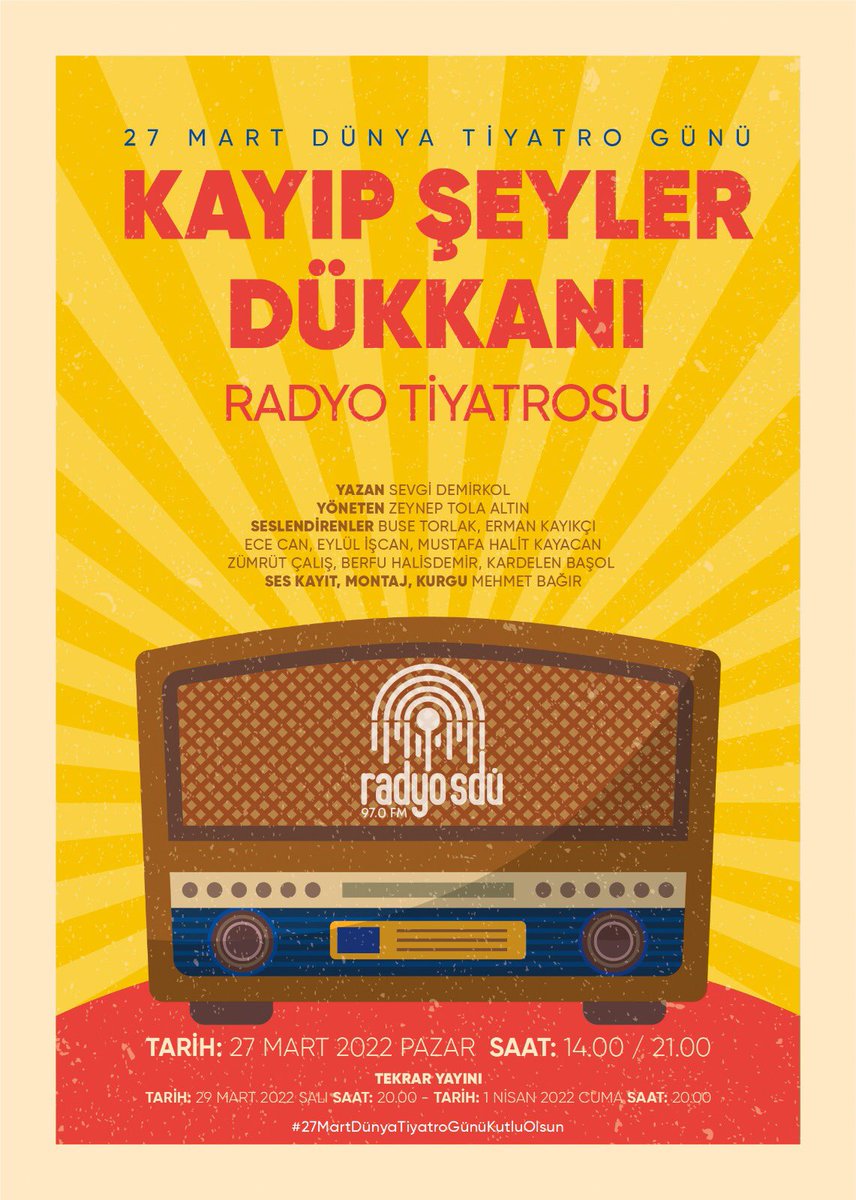 #27MartDünyaTiyatroGünü dolayısıyla hazırladığımız radyo tiyatrosunu kaçırmayın.

🕖14.00 ve 21.00
📻FM 97.0
⌨️radyo.sdu.edu.tr
📲SDÜ Mobil
