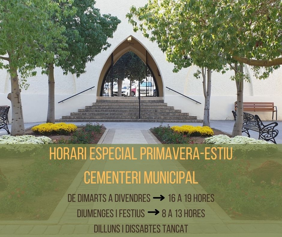 ayto_riba_roja's tweet photo. CEMENTERI INFORMACIÓ‼️
📣Nou horari del Cementeri Municipal
▶️ Recorda, hui dilluns, 28 de març, entra en vigor el nou horari de primavera-estiu per aprofitar una hora més de llum solar.
☎️ 96 277 01 51
#nouhorari #cementeri https://t.co/q50NhB56QD