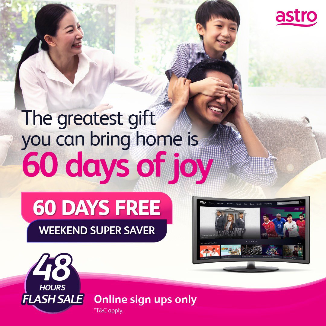 Korang nak tengok 60 hari FREE kat Astro FOR ANY PACK? Korang cuma sign up online je! Pakej serendah RM59.99 sebulan! 

Link: promotions.astro.com.my/details/weeken… 

#Astro60daysFree #WeekendSuperSaver
 #60DaysOfJoy